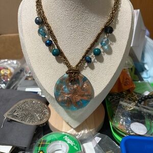 Blue and Brown Beaded Necklace with Pendant